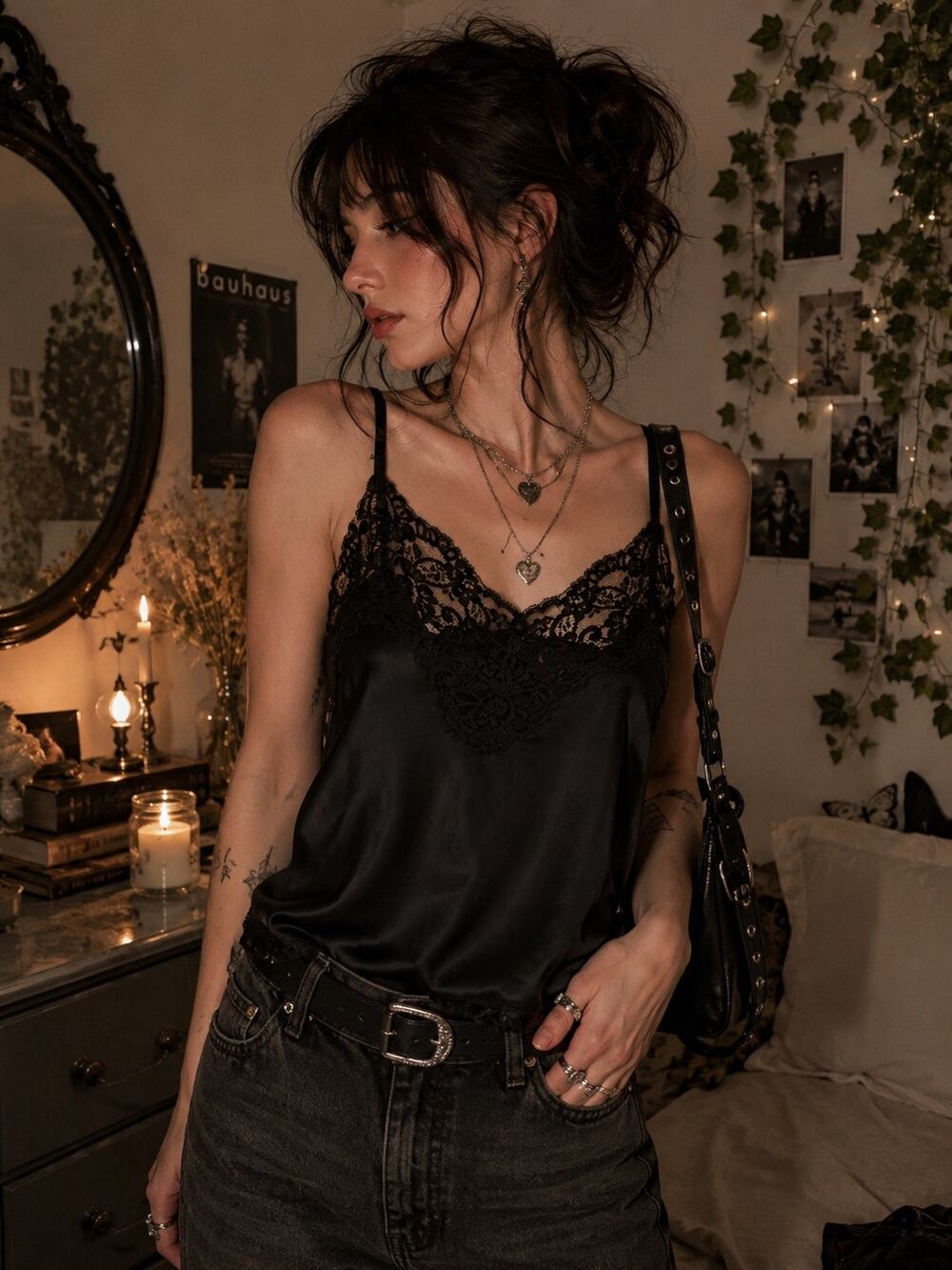 Vintage Black Satin Lace Cami Y2K Goth Coquette Fairy Grunge Size 36 Small